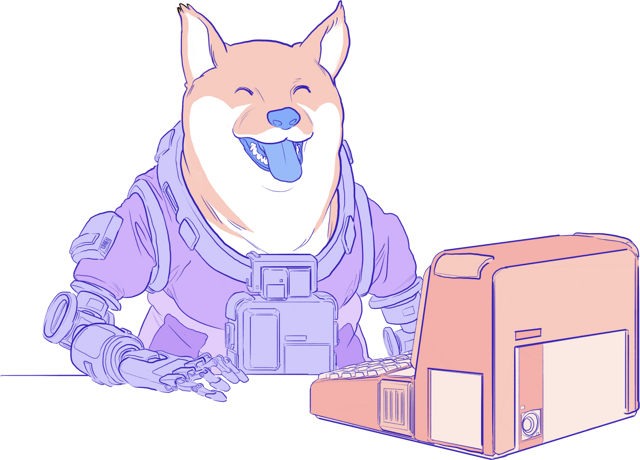 Illustration of a doge using a computer.
