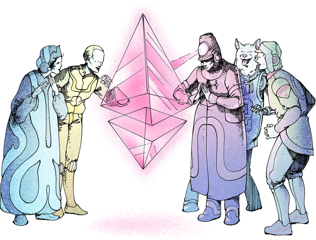 Illustration of a group of people marvelling at an ether (ETH) glyph in awe.