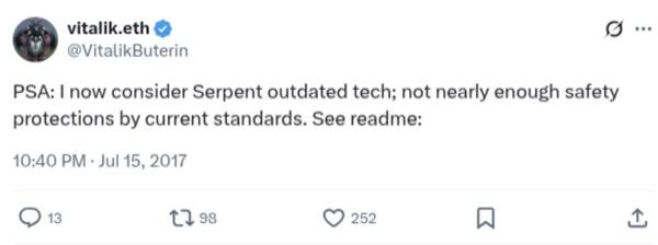 Screenshot of a Vitalik Buterin Tweet about Serpent language