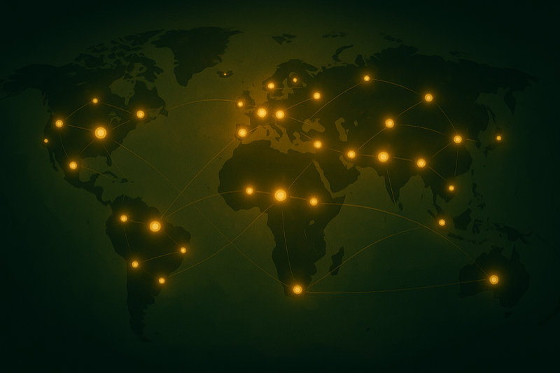Illustration of a world map with glowing nodes connecting across the countries
