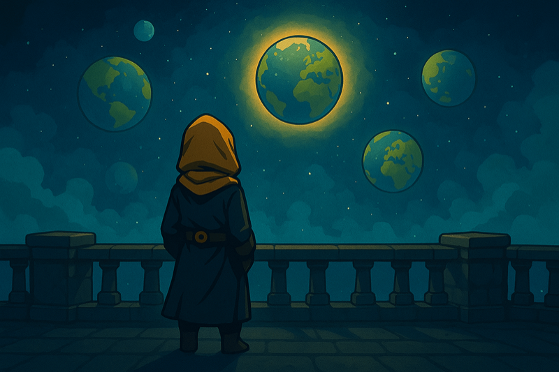 A video game explorer character looking out at the glowing earth in a night sky full of earth planets