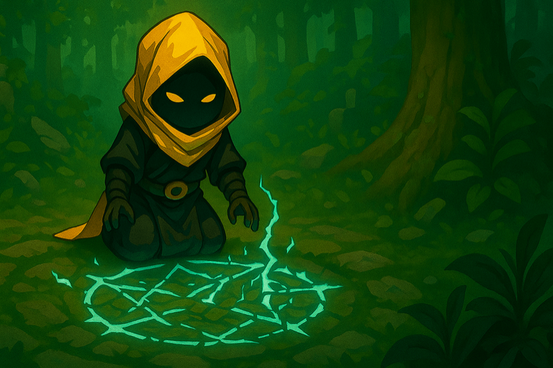 A video game explorer character looking at runes
