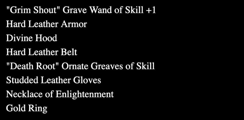 Loot NFT bag listing eight items: "Grim Shout" Grave Wand of Skill +1, Hard Leather Armor, Divine Hood, Hard Leather Belt, "Death Root" Ornate Greaves of Skill, Studded Leather Gloves, Necklace of Enlightenment, Gold Ring