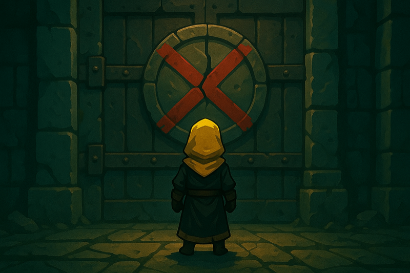 A video game explorer character standing at a blocked door