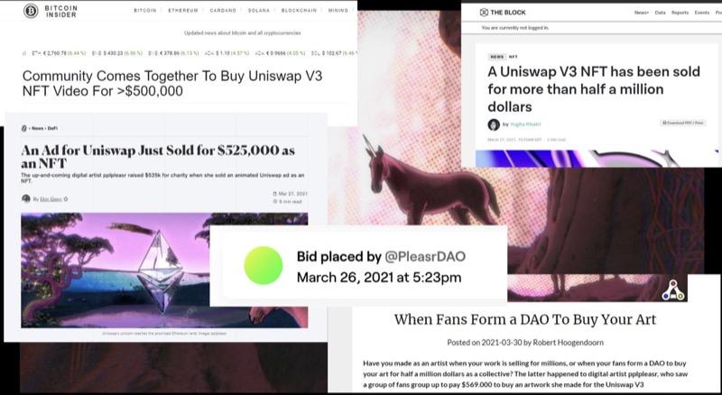 Collage of screenshots of media headlines covering the PleasrDAO launch and purchase