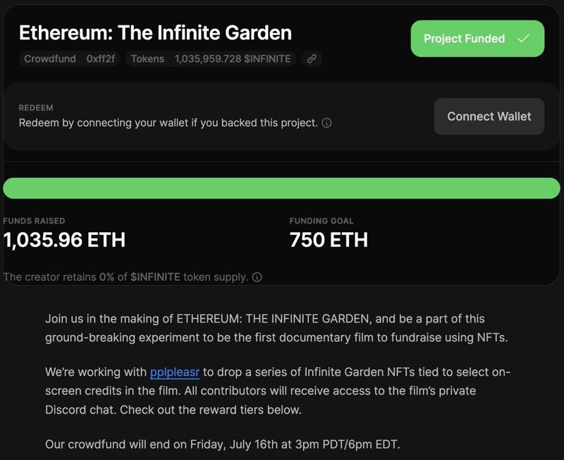 Screenshot of the Crowdfund raising ETH for Ethereum: The Infinite Garden